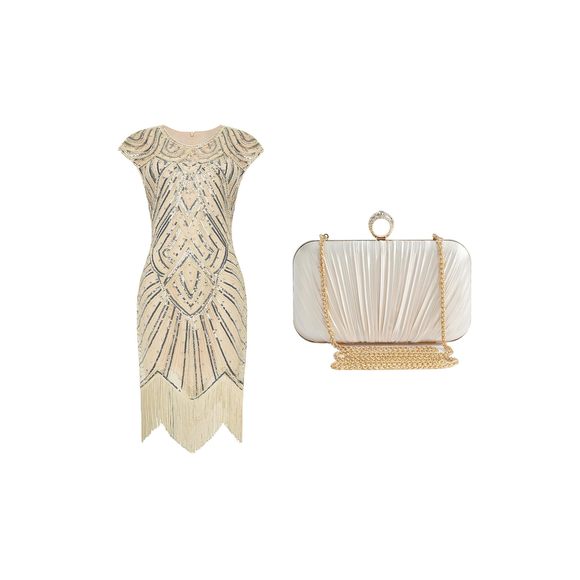 Babeyond 1920s Flapper Beaded Fringe Dress & Clutch for Wedding